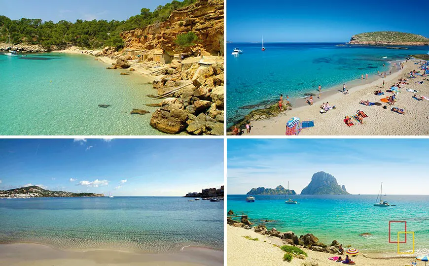 Vistas de las calas y playas del sur de Ibiza, destacando Cala Salada y Cala Comte, con aguas cristalinas y paisajes espectaculares