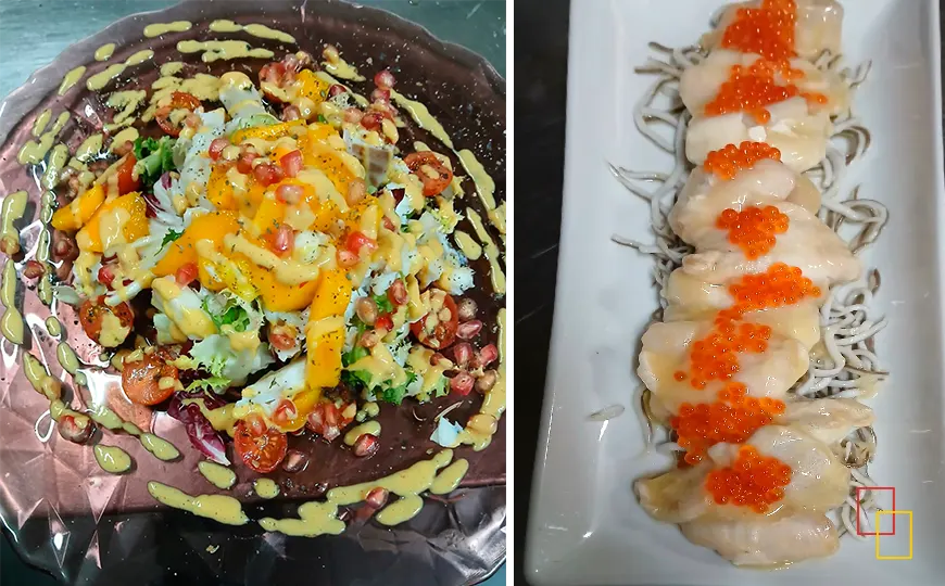 Ensalada de bacalao con pimientos asados y vinagreta de mango / Cocochas de bacalao sobre cama de gulas y huevas de salmón